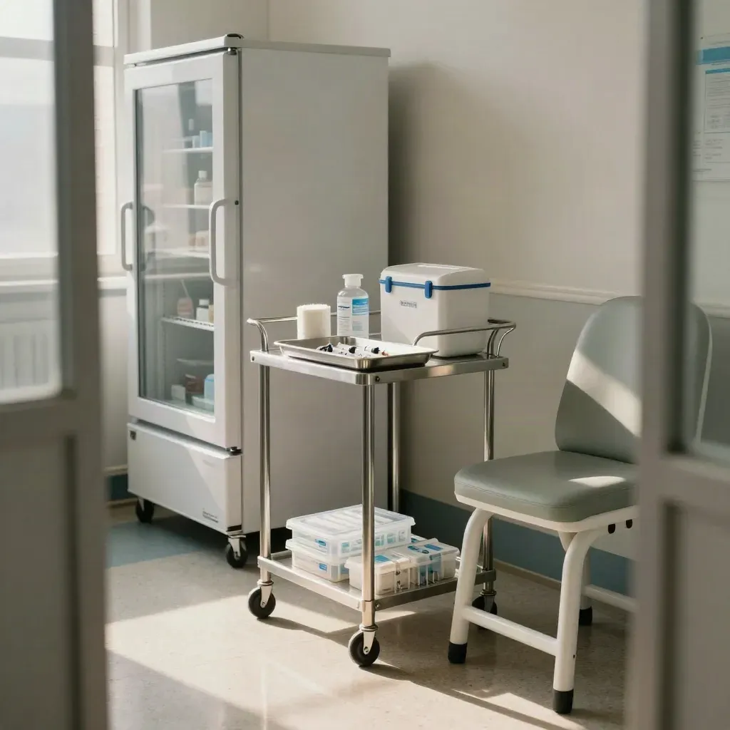 Interno di clinica vaccinale luminosa con frigo medicale, carrello inox e poltroncina pediatrica.