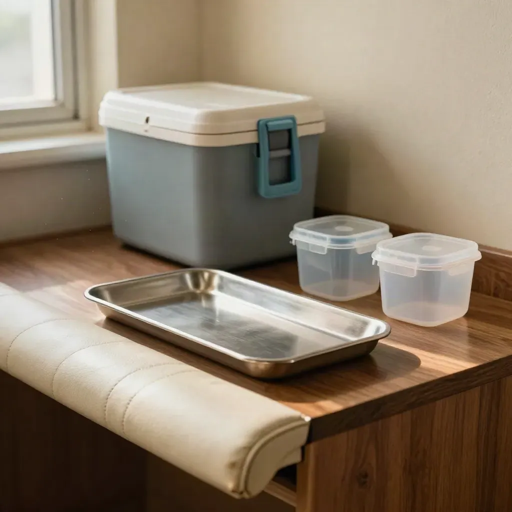 Postazione per richiami adulti con seduta imbottita, box isotermico e vassoio inox in luce calda.