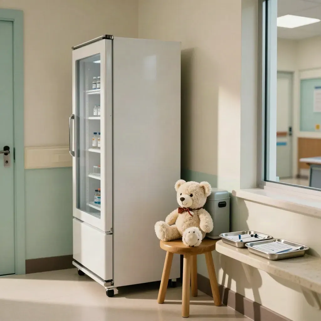 Angolo pediatrico della clinica con frigo vaccini, box termico, orsetto e vassoi pronti.