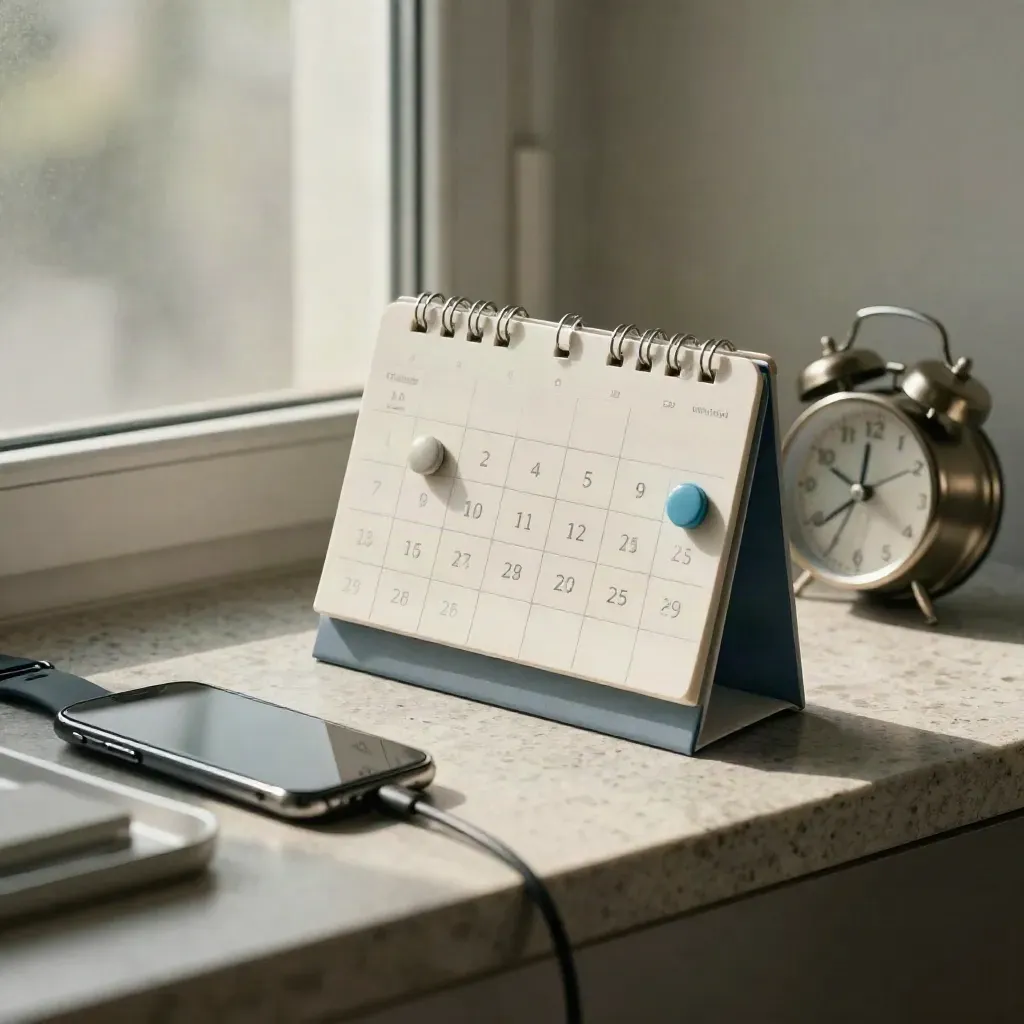 Promemoria vaccini su mensola in pietra con calendario magnetico, smartwatch e telefono in carica.