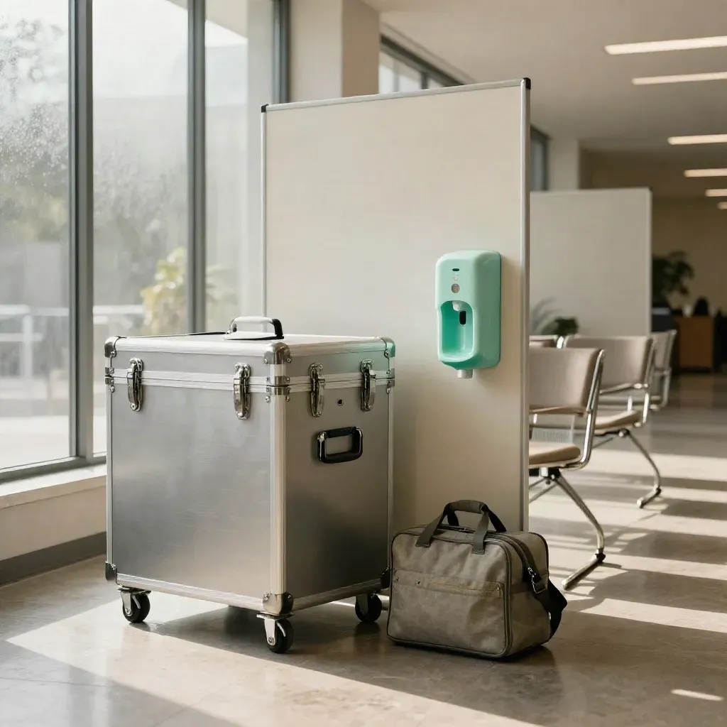 Allestimento vaccinale aziendale in lobby con valigetta isotermica, sedie e dispenser