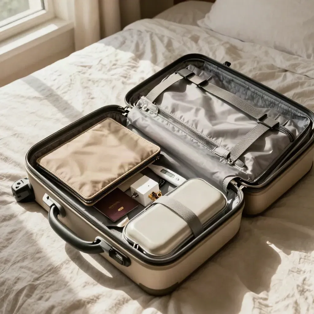 Valigia aperta con pouch vaccini, passaporto coperto, adattatori e termometro pronti al viaggio.