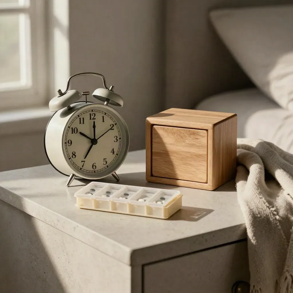 Comodino con sveglia, portapillole, cubo calendario, pouch e sciarpa piegata.