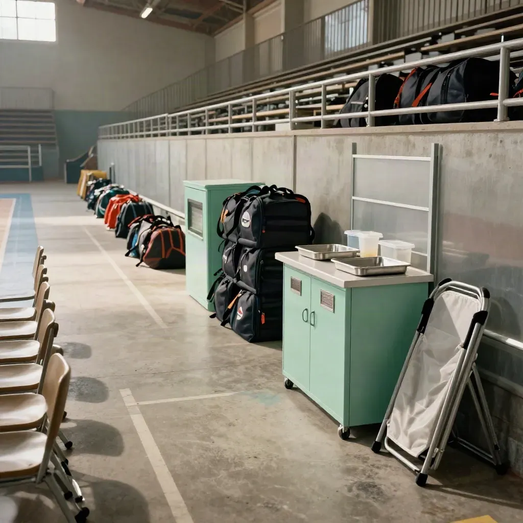Palazzetto sportivo vuoto con box termico mint, borse allineate e postazione sanitaria pronta.