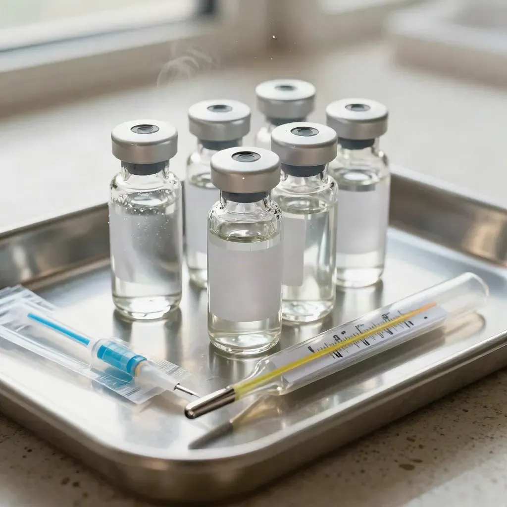 Fiale vaccinali, aghi protetti e tamponi sterili su vassoio inox con condensa fredda.