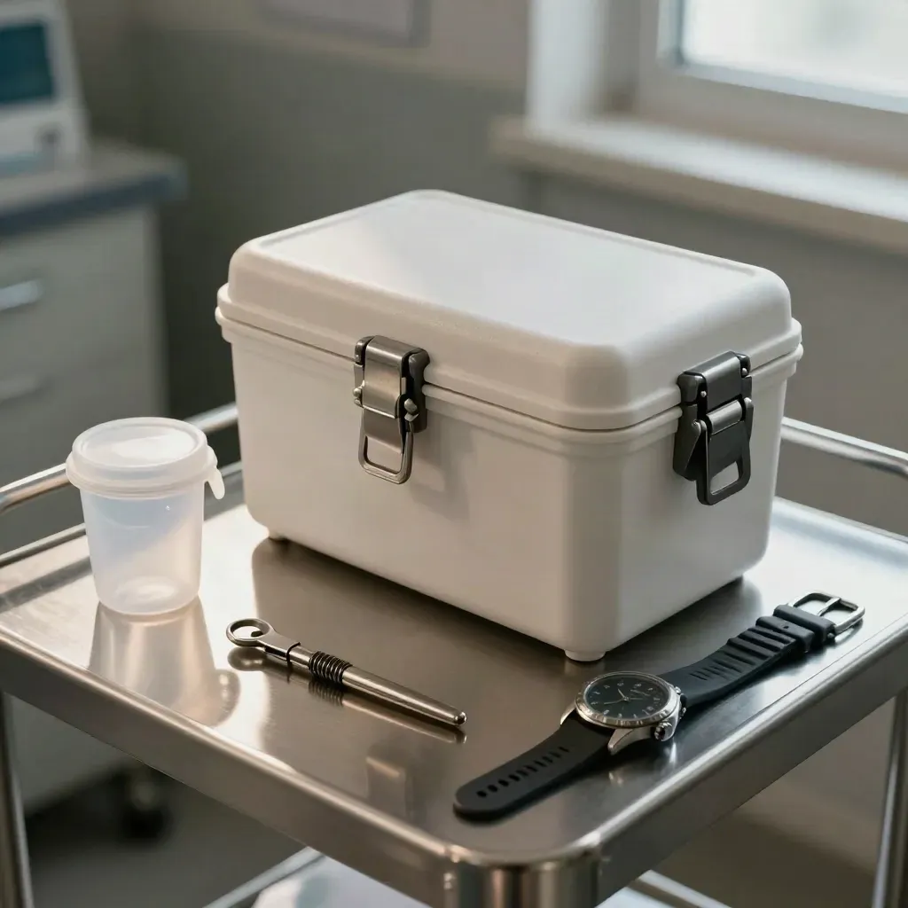 Box isotermico, contenitore taglienti, pinza e orologio robusto su carrello medico grigio.