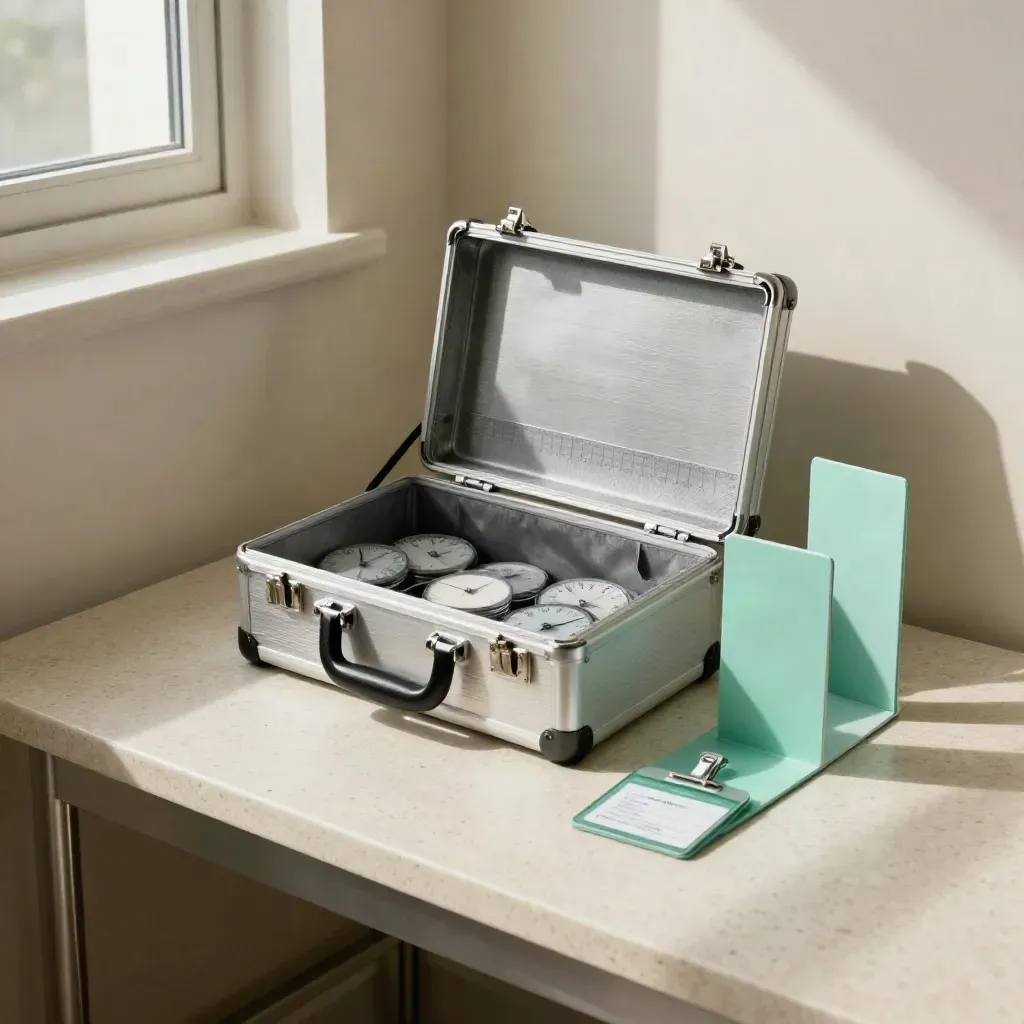 Vista dall’alto di valigetta aziendale, cooler isotermico e accessori per vaccinazioni su travertino