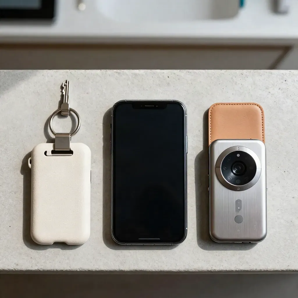 Flatlay dall’alto con smartphone spento, chiavi, custodia e timer su lastra di cemento chiaro.