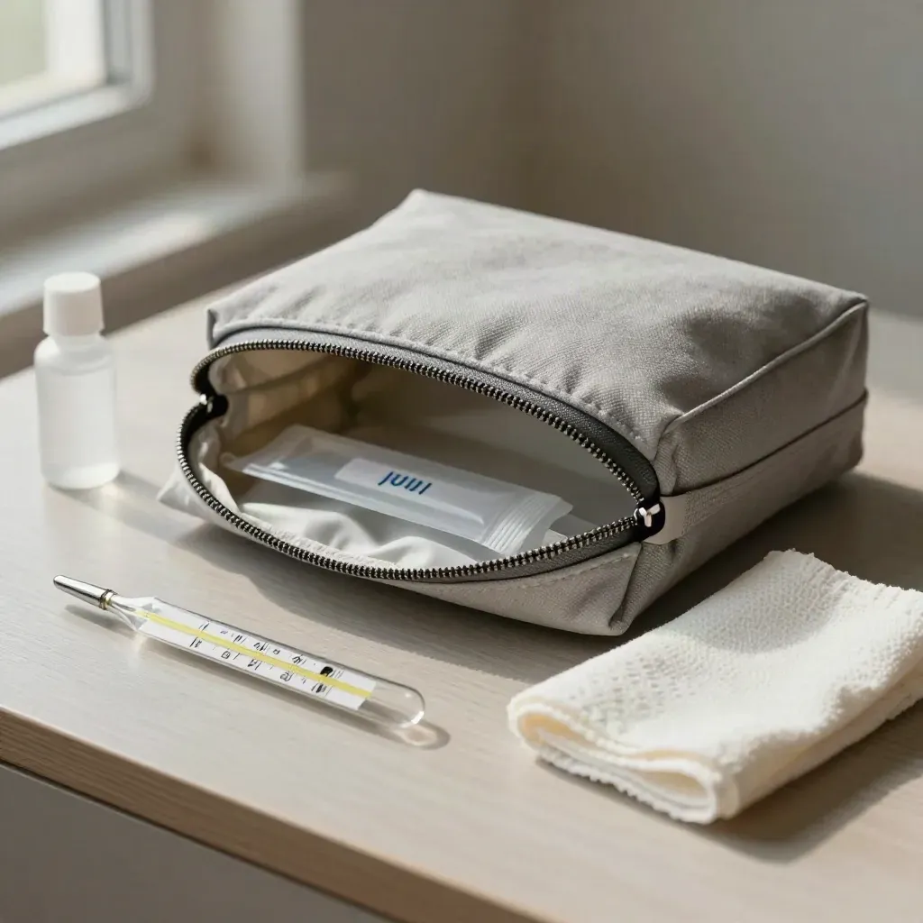 Borsa clinica aperta con termometro, gel e panno piegato su legno chiaro.