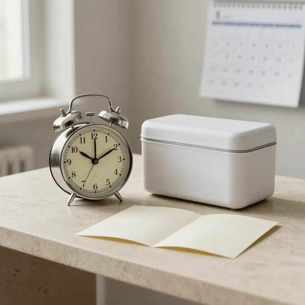 Orologio tondo, biglietti segnaposto e box termico su tavolino chiaro in una sala d’attesa clinica