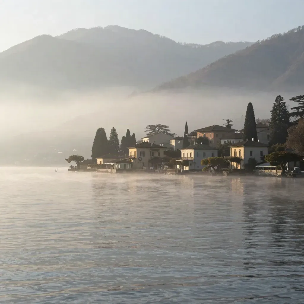 Lago di Como all’alba con ville lontane e montagne velate dalla foschia.