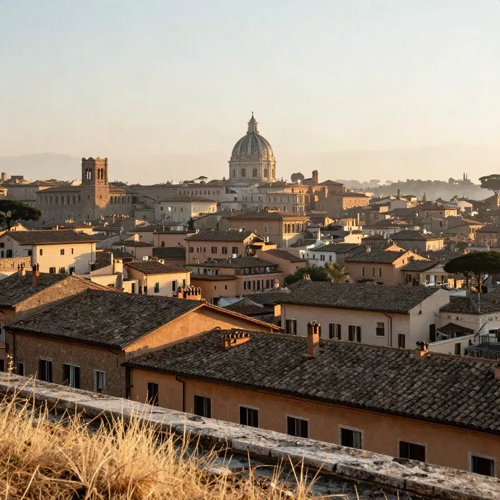 Orizzonte di Roma con cupola lontana e tetti di terracotta nella foschia dorata