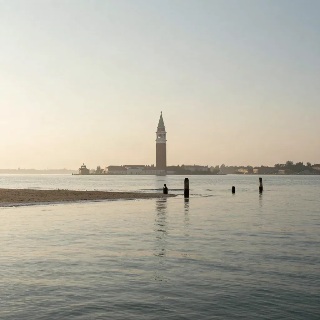 Campanile isolato nella laguna veneta al tramonto, acqua bassa e nebbia salmastra
